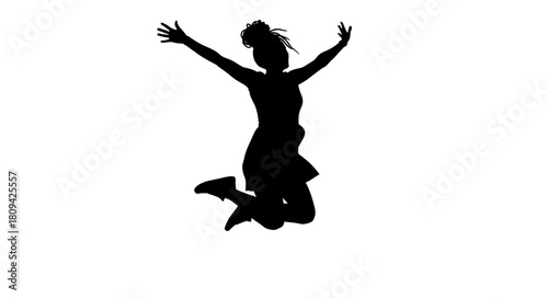 Silhouette of joyful woman jumping with excitement and arms raised against white background, expressing happiness and freedom, celebrating life's simple joys