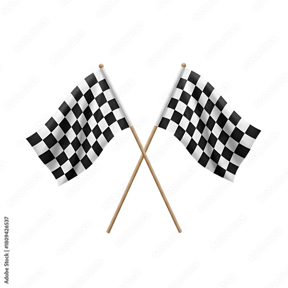 Fototapeta premium Two crossed black and white checkered racing flags on wooden sticks.