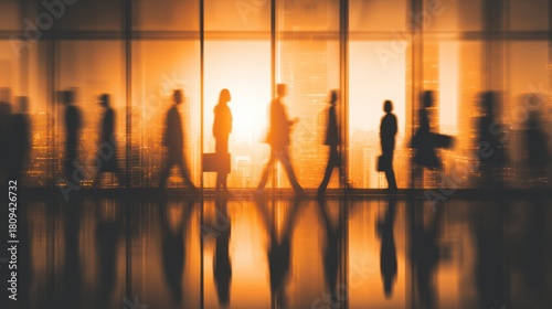 Silhouetted Business People Walking in Modern Office Building at Sunset with Cityscape Background