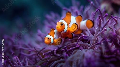 Fototapeta Naklejka Na Ścianę i Meble -  Two clownfish swimming near vibrant purple coral reef underwater
