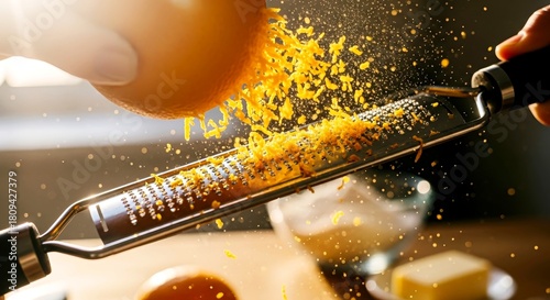 Grating orange zest with kitchen grater on wooden table in kitchen  
