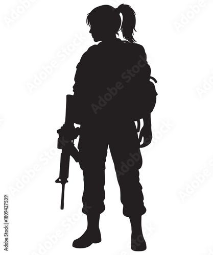 Two female soldiers standing together holding rifles silhouette