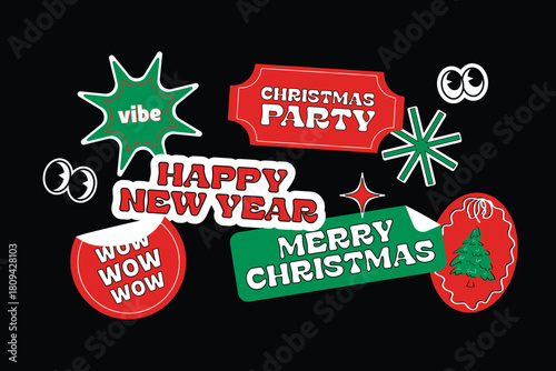 New Year and Christmas set of futuristic Y2K-style patches, bright retro labels, tags, stickers, and stamps. Festive stickers in the 90s hipster grunge style for posters, party invitations, and holida