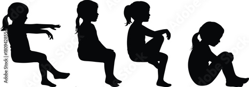 Little girl sitting silhouette set, black vector child poses, resting and reaching, isolated design collection