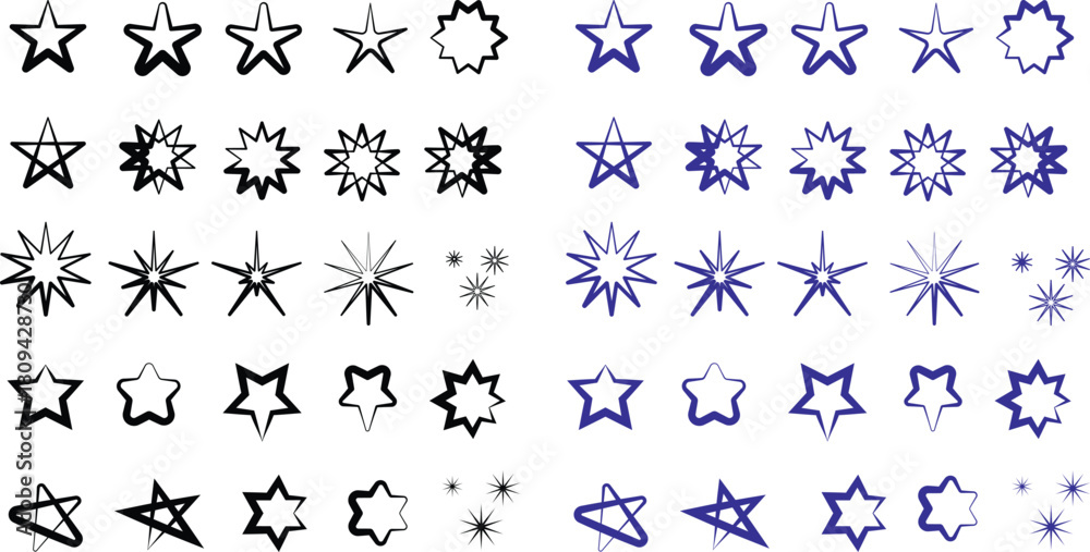 Fototapeta premium Stars set - Black and blue ink, hand drawn style star shapes - pointed, curvy, scribbly 
