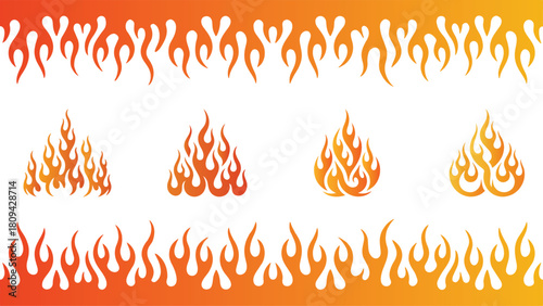 A dynamic composition of fiery orange flames bordering a with four flame clusters, isolated on