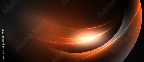 Abstract design features flowing orange lines, bright center glow, dark background. Smooth curves create dynamic visual effect.