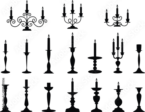 Collection of antique black candlestick silhouettes and candelabras with burning candles isolated on white background for elegant interior design vectors