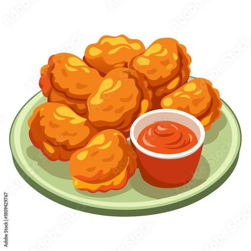 A neatly arranged plate of fried chicken pieces with a side of dipping sauce, isolated on a bright white background, showing rich texture and detail.