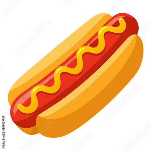 A close-up shot of a classic hot dog topped with mustard and ketchup, placed on a white background with sharp, clear focus on the toppings.