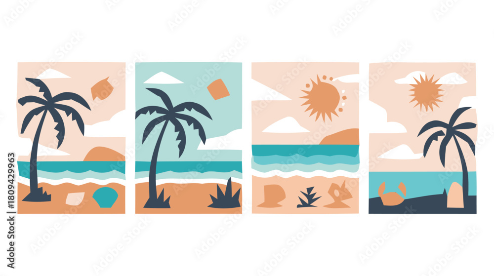 Obraz premium Abstract tropical beach scene with palm trees and ocean waves