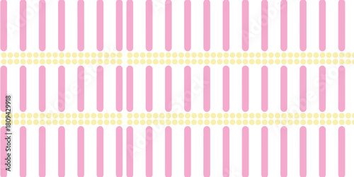 A repeating pattern of pink vertical rectangles separated by rows of yellow circles on a white background