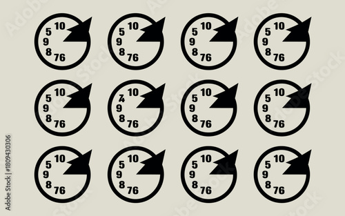 Collection of twelve circular gauges showing different levels and measurements