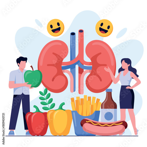 Healthy kidneys with fruits vegetables and unhealthy food choices