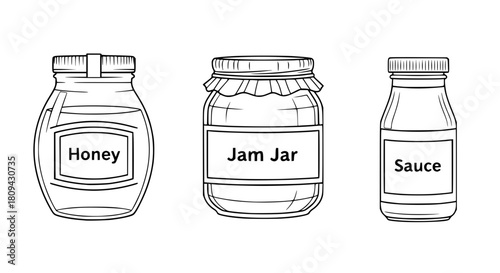 Vector of various food jars mockups, including honey jar, jam jar, and sauce jar, separated, clean outlines, minimalistic