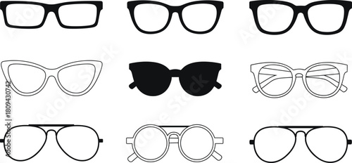 Set of various eyeglasses and sunglasses silhouettes, vector illustration of different eyewear styles, minimalist optical frames collection for fashion design and accessories