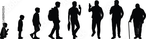Male life cycle silhouette set, baby to elderly man with cane, human aging stages, vector illustration isolated on white background