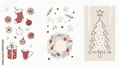 Illustration of christmas themed objects including a tree wreath stocking and gift box and ornaments