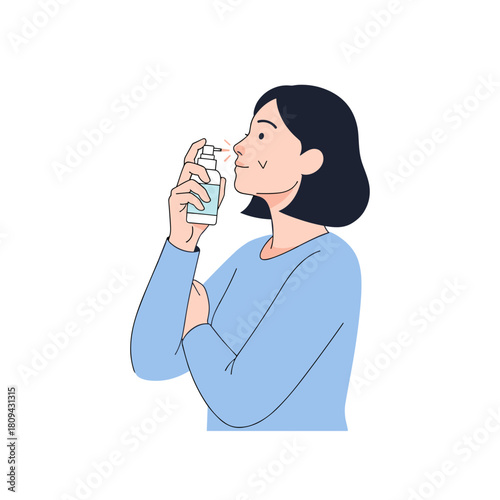 Woman using nasal spray while smiling and standing indoors  