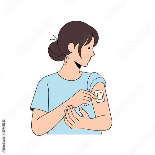 Woman applying medicated patch on her arm in casual outfit  