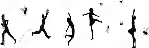 Silhouette set of people running from flying insects, men and women jumping panic, bug attack vector illustration isolated on white