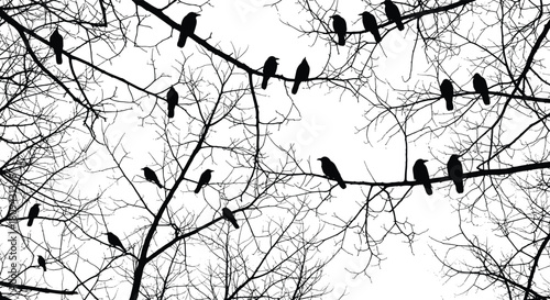 Silhouette birds perched on intricate winter tree branches, creating dramatic natural contrast, peaceful woodland atmosphere, 