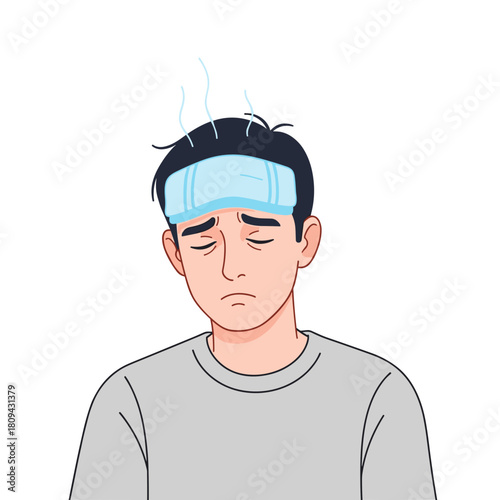 Young man feeling unwell with hot towel on head at home  