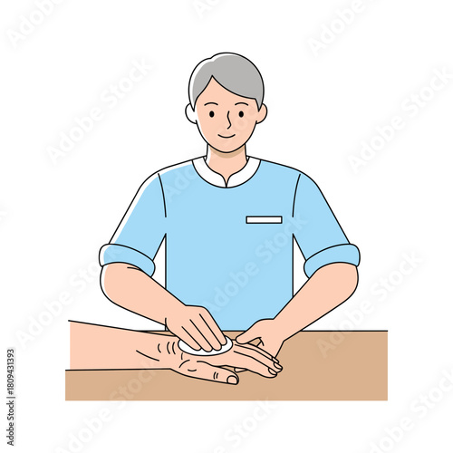 Older man receiving hand massage from therapist in wellness setting  