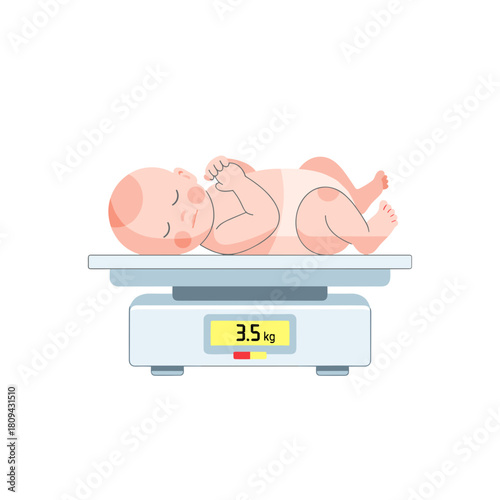 Newborn baby lying on weighing scale measuring 3.5 kg  
