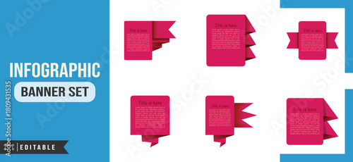 Editable infographic banner set with pink ribbons for data visualization and marketing, vector illustration
