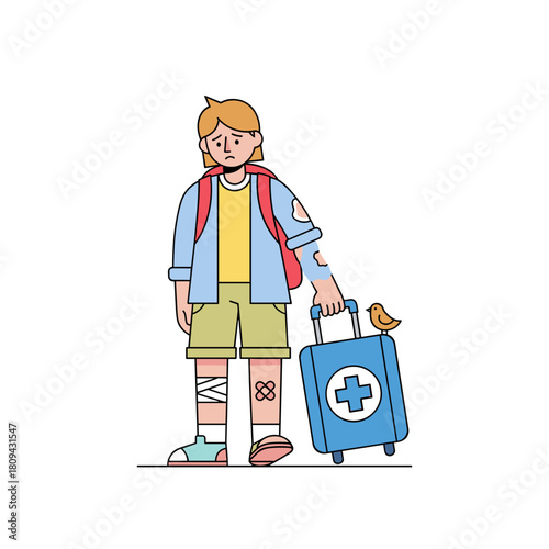 Injured tourist with suitcase looking worried and holding a medical kit   