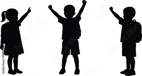 Silhouette of happy children with backpacks raising hands, vector illustration of joyful school kids celebrating success, teamwork, education, childhood happiness concept