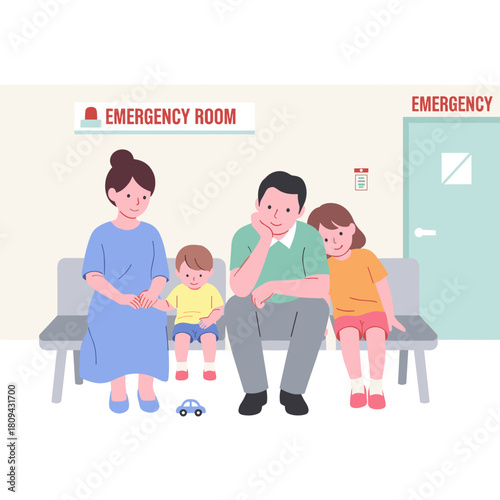 Family waiting in emergency room while looking concerned for child  