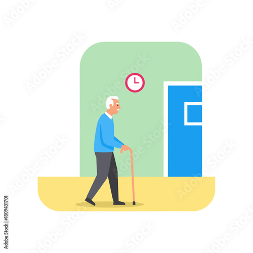 Elderly man walking with a cane in clinic corridor with clock  