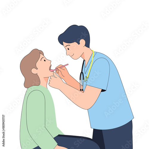 Doctor examining patient's throat with tongue depressor in clinic  