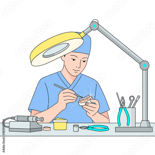 Dental technician working on dental prosthetics in a modern workshop  