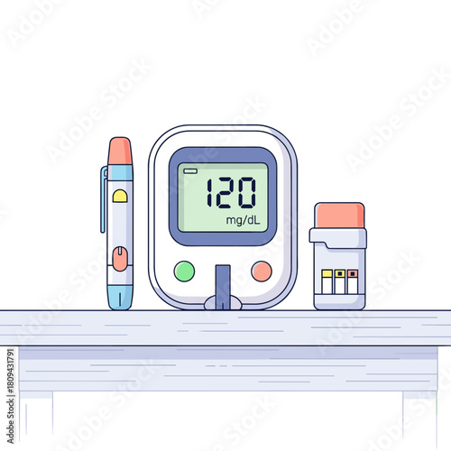 Diabetes monitor and pen with medication on kitchen table  