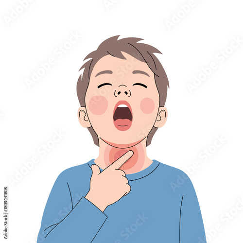 Young boy indicating sore throat with hand and mouth wide open  