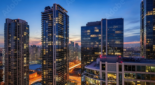 Stunning cityscape at twilight featuring modern skyscrapers and vibrant city lights, perfect for real estate, urban development, and travel promotions