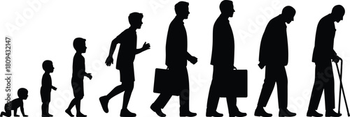 Male life cycle silhouette set, baby boy to elderly man with cane, human aging process vector illustration isolated on white