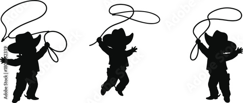 Silhouette of little cowboys playing with lassos, western children fun activity, rodeo theme concept, country lifestyle entertainment, vector illustration design