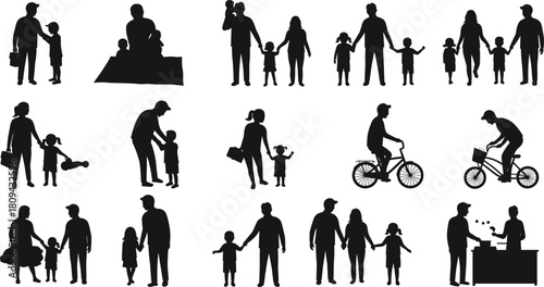 Silhouette of parents and children in family activities, walking, cycling, and playing together, vector illustration showing parenting love, care, and happy lifestyle concept.
