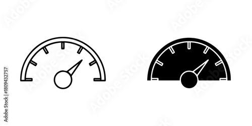Illustration of a speedometer with needle showing speed, in black and white isolated on