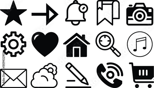 Collection of modern flat design icons representing common digital functions and actions