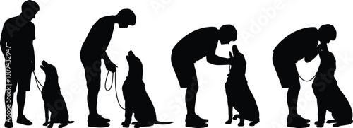 Set of silhouettes showing man bending down to pet dog, human and animal friendship concept, vector isolated on white background