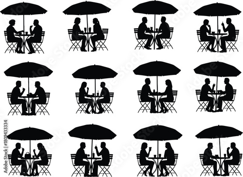 Silhouette of people sitting at outdoor cafe table under umbrella vector illustration, romantic couple conversation scene, coffee shop lifestyle design concept art