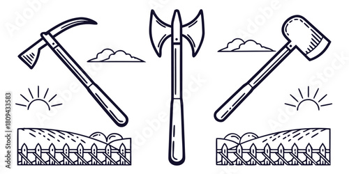 Three historical tools, a scythe, a double-headed axe, and a hammer axe, are depicted with elements of a rural landscape.