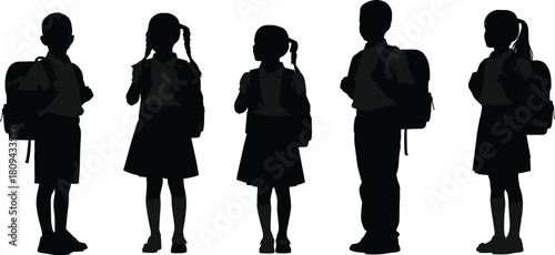 Silhouette of school children standing with backpacks, group of students ready for class, education concept vector illustration for academic learning design