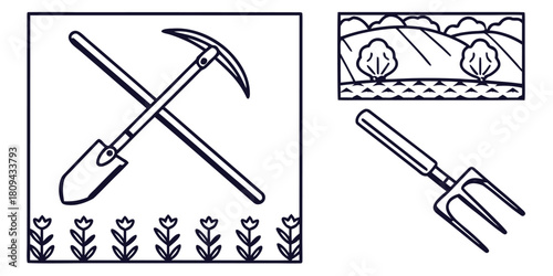 A shovel and pickaxe crossed with a pitchfork and a landscape
