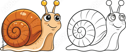 Happy Little Cartoon Snail with a Brown Swirling Shell and Antennae, a Cute Vector Illustration for Gardening, Nature, and Children's Themes.